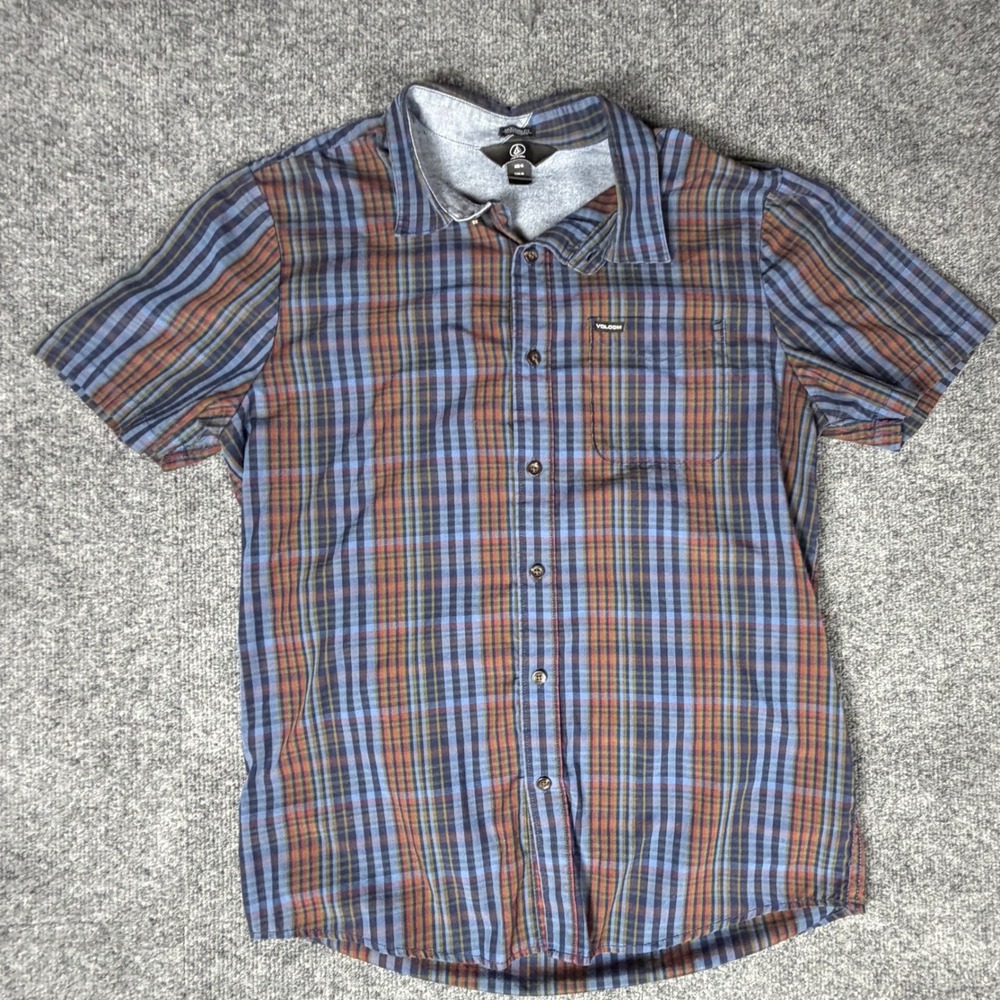 Volcom Mens Modern Fit Plaid Short Sleeve Button Down Shirt Blue Orange Size M